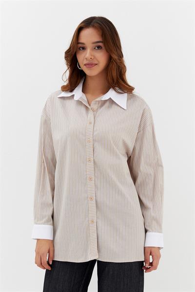 Çizgili Oversize Gömlek Bej