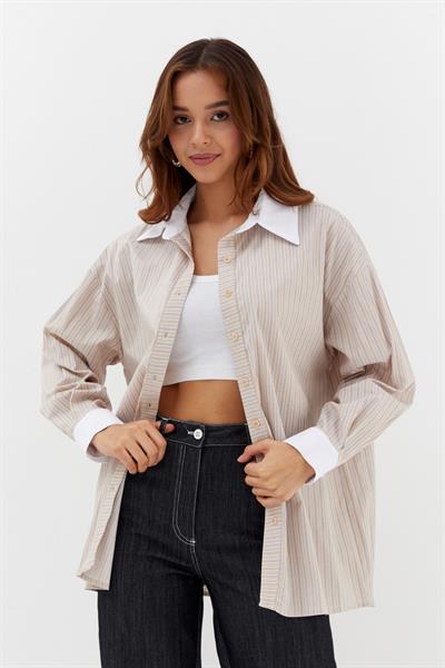 Çizgili Oversize Gömlek Bej