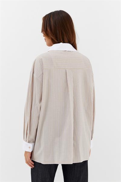 Çizgili Oversize Gömlek Bej