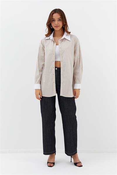 Çizgili Oversize Gömlek Bej