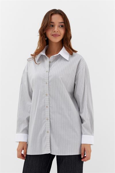 Çizgili Oversize Gömlek Gri