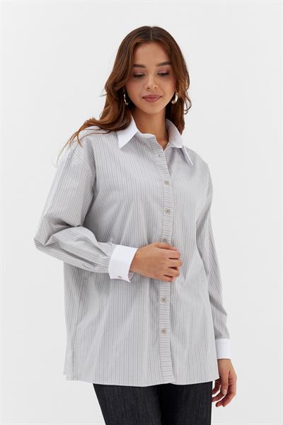 Çizgili Oversize Gömlek Gri