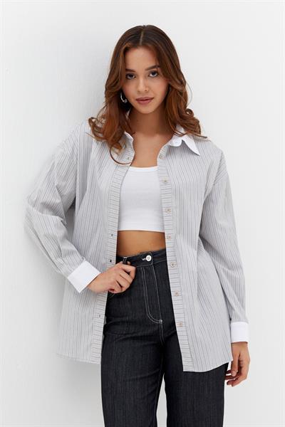 Çizgili Oversize Gömlek Gri