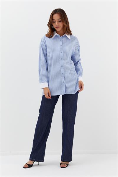 Çizgili Oversize Gömlek Mavi