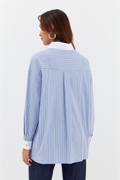 Çizgili Oversize Gömlek Mavi