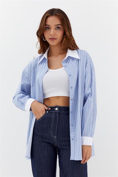 Çizgili Oversize Gömlek Mavi