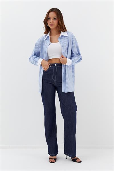 Çizgili Oversize Gömlek Mavi