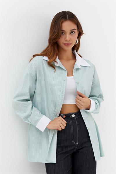 Çizgili Oversize Gömlek Yeşil