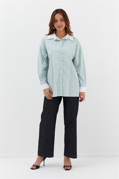 Çizgili Oversize Gömlek Yeşil