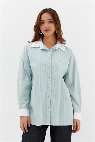Çizgili Oversize Gömlek Yeşil