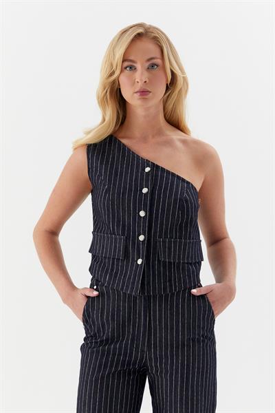 Çizgili Slim Tek Omuz İndigo