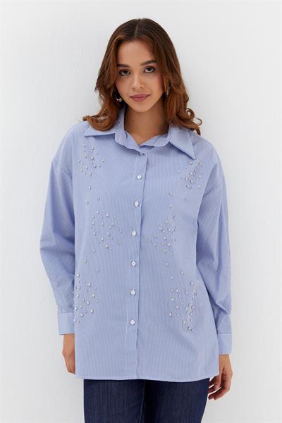 Çizgili Taş Çakmalı Gömlek İndigo