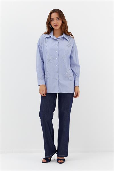 Çizgili Taş Çakmalı Gömlek İndigo