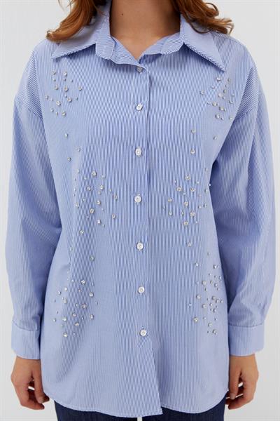 Çizgili Taş Çakmalı Gömlek İndigo