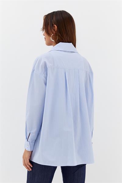 Çizgili Taş Çakmalı Gömlek Mavi