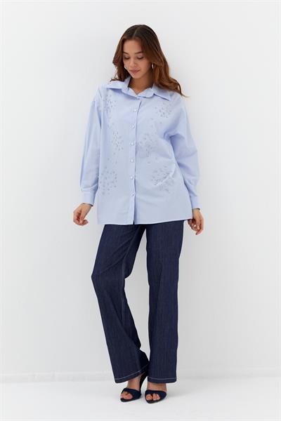 Çizgili Taş Çakmalı Gömlek Mavi