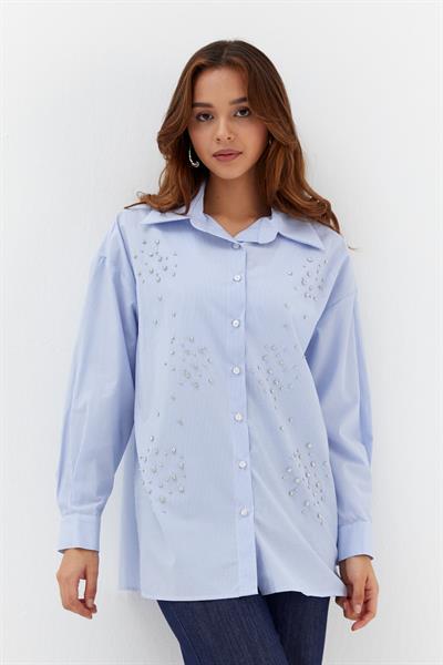 Çizgili Taş Çakmalı Gömlek Mavi