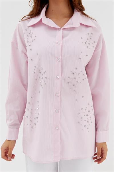 Çizgili Taş Çakmalı Gömlek Pembe