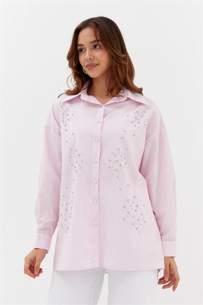 Çizgili Taş Çakmalı Gömlek Pembe