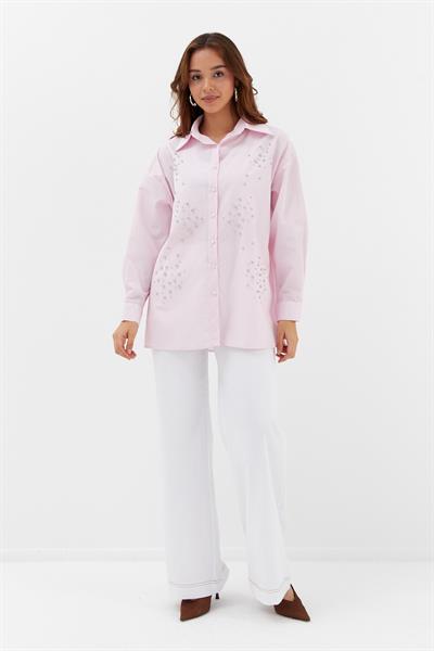 Çizgili Taş Çakmalı Gömlek Pembe