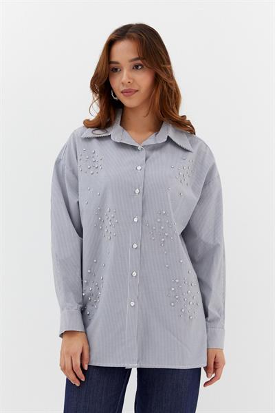 Çizgili Taş Çakmalı Gömlek Siyah