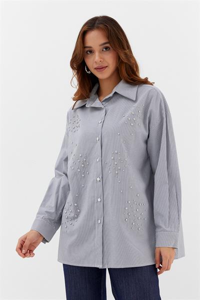 Çizgili Taş Çakmalı Gömlek Siyah