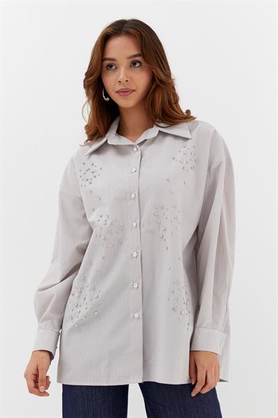 Çizgili Taş Çakmalı Gömlek Vizon