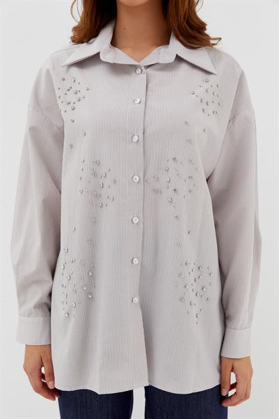 Çizgili Taş Çakmalı Gömlek Vizon