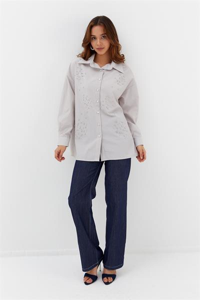 Çizgili Taş Çakmalı Gömlek Vizon