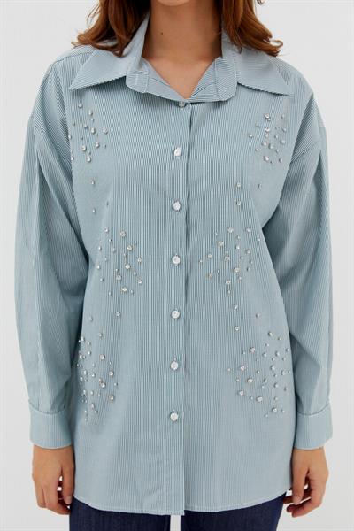 Çizgili Taş Çakmalı Gömlek Yeşil