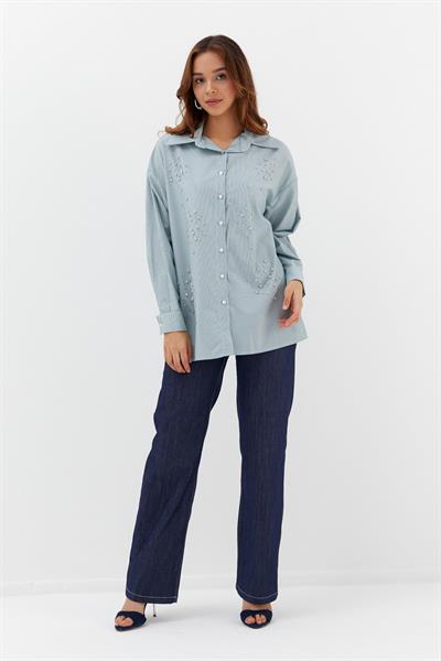 Çizgili Taş Çakmalı Gömlek Yeşil