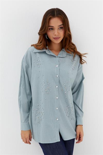 Çizgili Taş Çakmalı Gömlek Yeşil