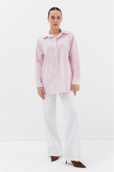 Çizgili Taş Detaylı Oversize Gömlek Pembe