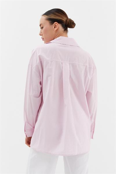 Çizgili Taş Detaylı Oversize Gömlek Pembe