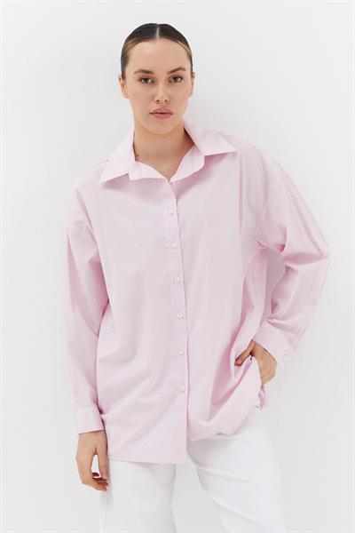 Çizgili Taş Detaylı Oversize Gömlek Pembe