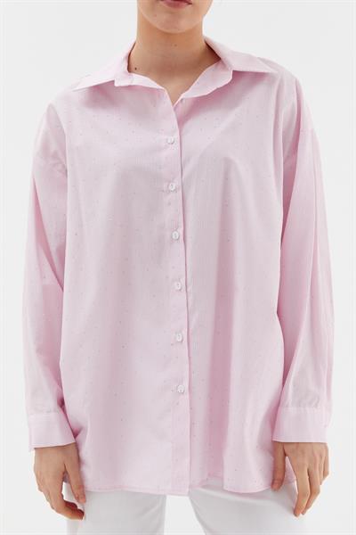 Çizgili Taş Detaylı Oversize Gömlek Pembe