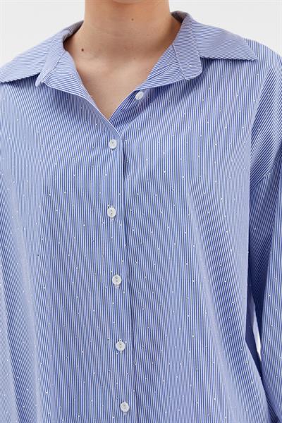 Çizgili Taş Detaylı Oversize Gömlek Saks