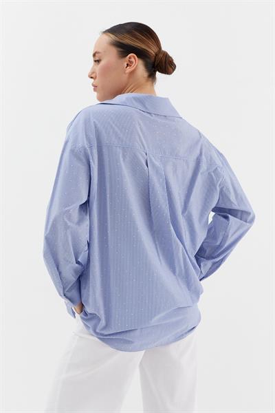 Çizgili Taş Detaylı Oversize Gömlek Saks