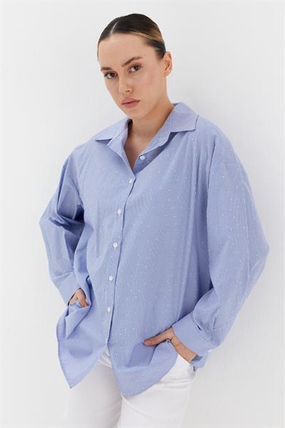 Çizgili Taş Detaylı Oversize Gömlek Saks