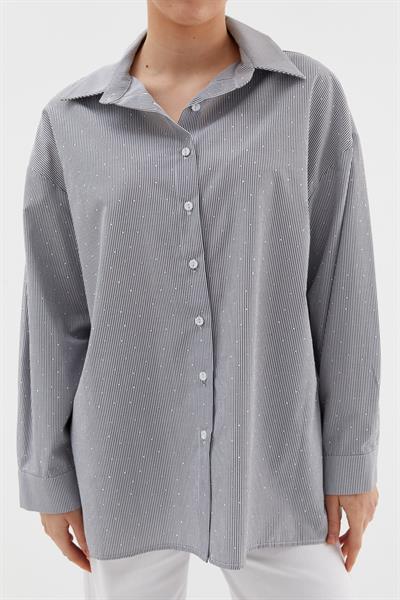 Çizgili Taş Detaylı Oversize Gömlek Siyah