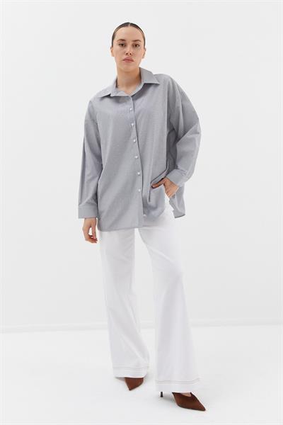 Çizgili Taş Detaylı Oversize Gömlek Siyah