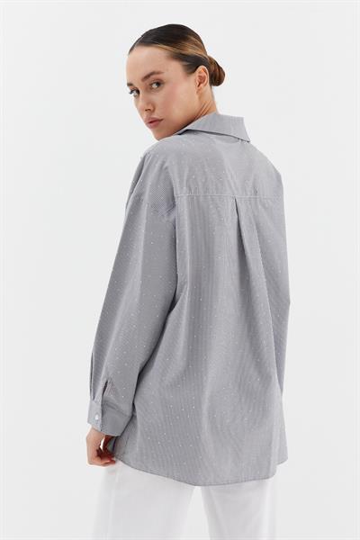 Çizgili Taş Detaylı Oversize Gömlek Siyah