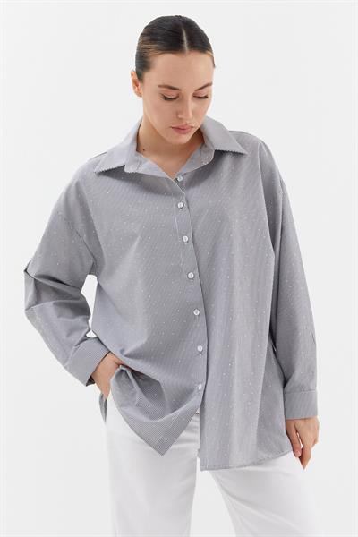 Çizgili Taş Detaylı Oversize Gömlek Siyah