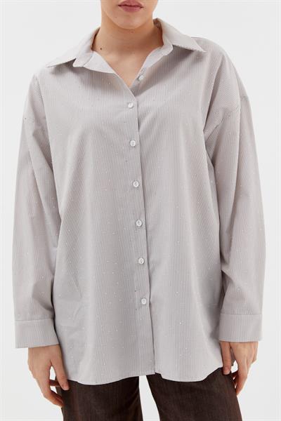 Çizgili Taş Detaylı Oversize Gömlek Vizon