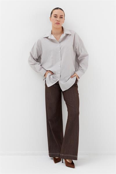 Çizgili Taş Detaylı Oversize Gömlek Vizon