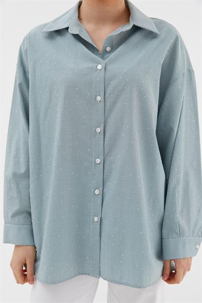 Çizgili Taş Detaylı Oversize Gömlek Yeşil