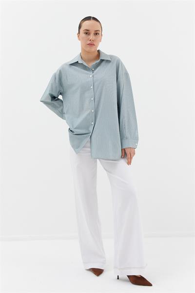 Çizgili Taş Detaylı Oversize Gömlek Yeşil