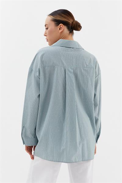 Çizgili Taş Detaylı Oversize Gömlek Yeşil