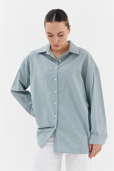 Çizgili Taş Detaylı Oversize Gömlek Yeşil