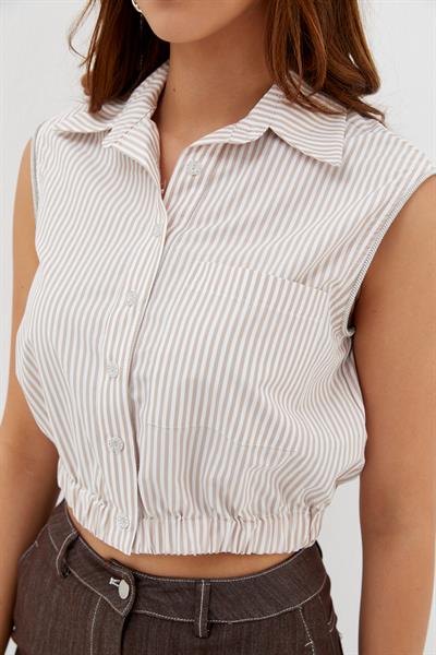 Çizgili Taşlı Kolsuz Gömlek Bej